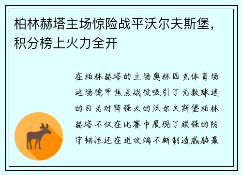柏林赫塔主场惊险战平沃尔夫斯堡，积分榜上火力全开