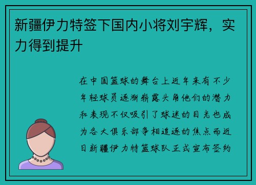新疆伊力特签下国内小将刘宇辉，实力得到提升