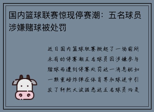 国内篮球联赛惊现停赛潮：五名球员涉嫌赌球被处罚