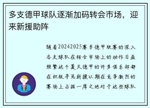 多支德甲球队逐渐加码转会市场，迎来新援助阵