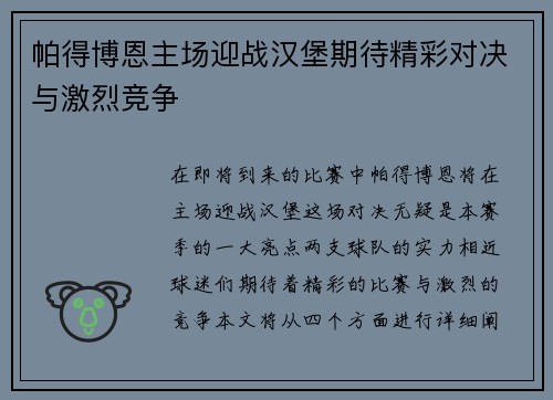 帕得博恩主场迎战汉堡期待精彩对决与激烈竞争
