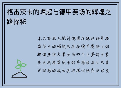 格雷茨卡的崛起与德甲赛场的辉煌之路探秘