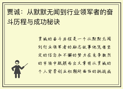 贾诚：从默默无闻到行业领军者的奋斗历程与成功秘诀