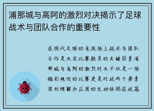 浦那城与高阿的激烈对决揭示了足球战术与团队合作的重要性