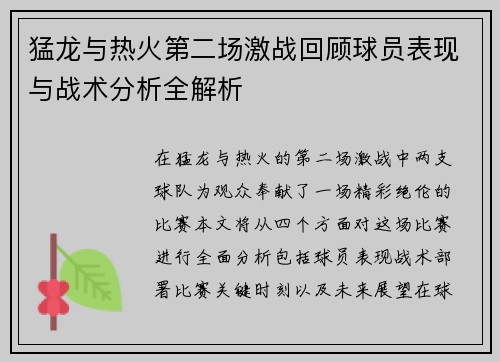 猛龙与热火第二场激战回顾球员表现与战术分析全解析