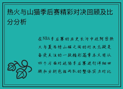 热火与山猫季后赛精彩对决回顾及比分分析